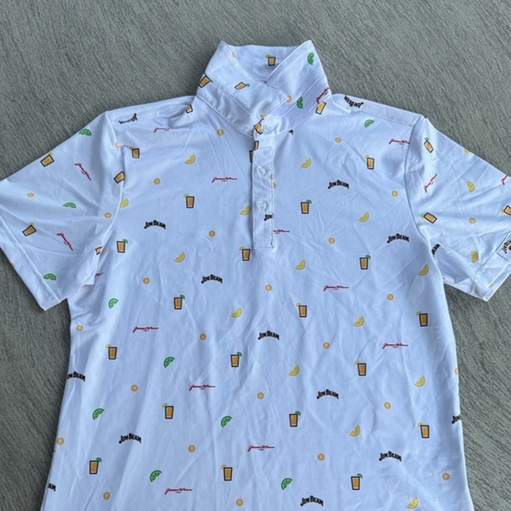 Jim Beam White Button Down Polo Shirt with fun Jim Beam Characters